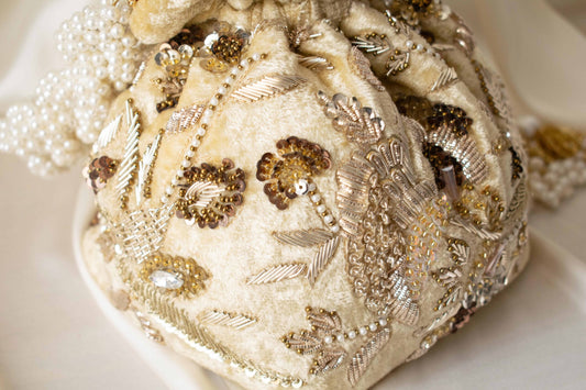 PRE-ORDER - Alisha Potli Bag (Golden Cream Velvet)