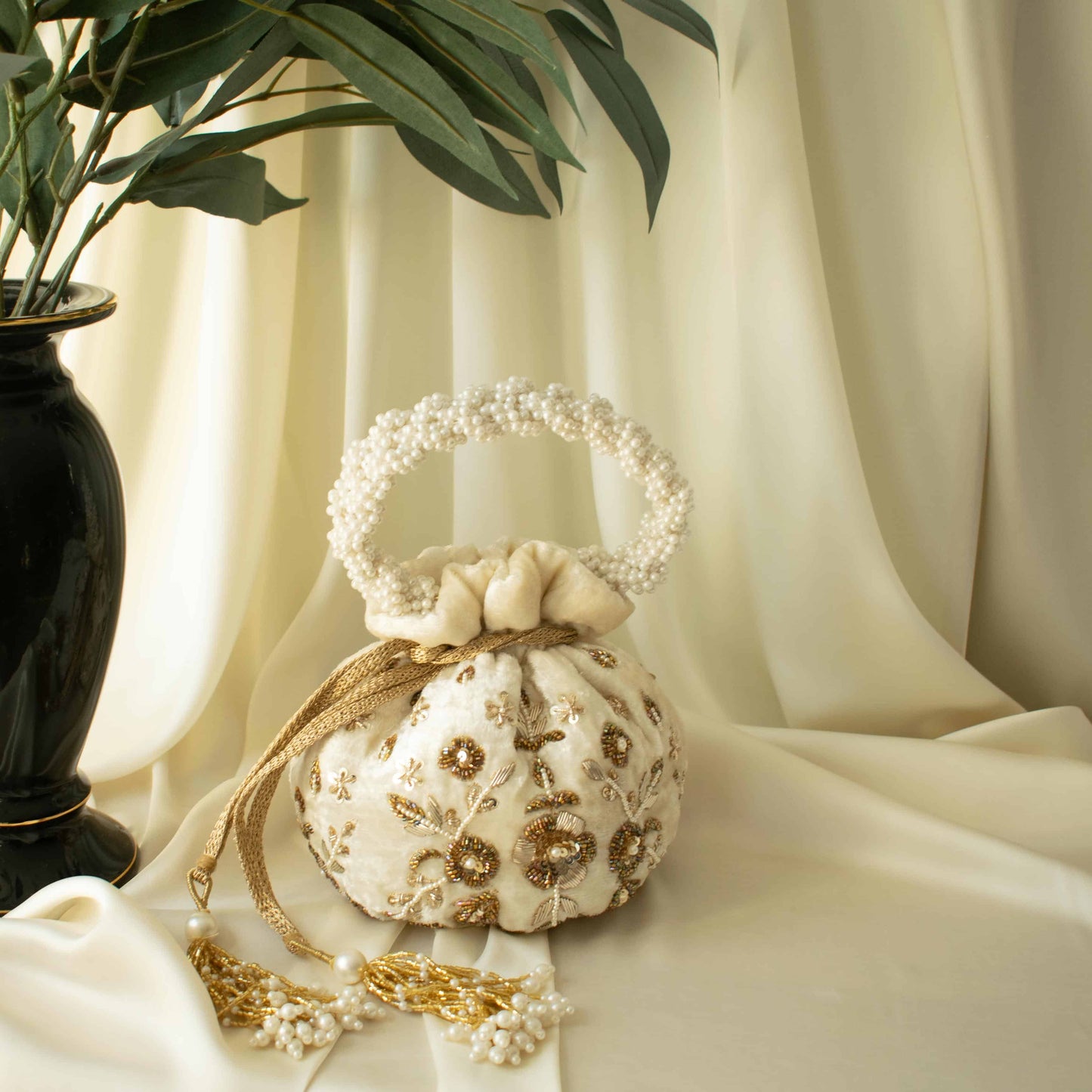 PRE-ORDER - Peony Potli Bag (Cream Velvet)