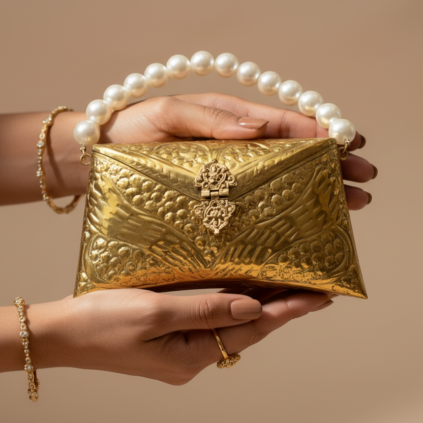 Tia Gold Brass Clutch – Limited Edition Handcrafted Embossed