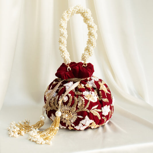 PRE-ORDER - Meena Potli Bag (Maroon Velvet)