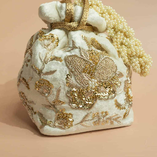 PRE-ORDER - Arisha Potli Bag (Ivory Velvet)