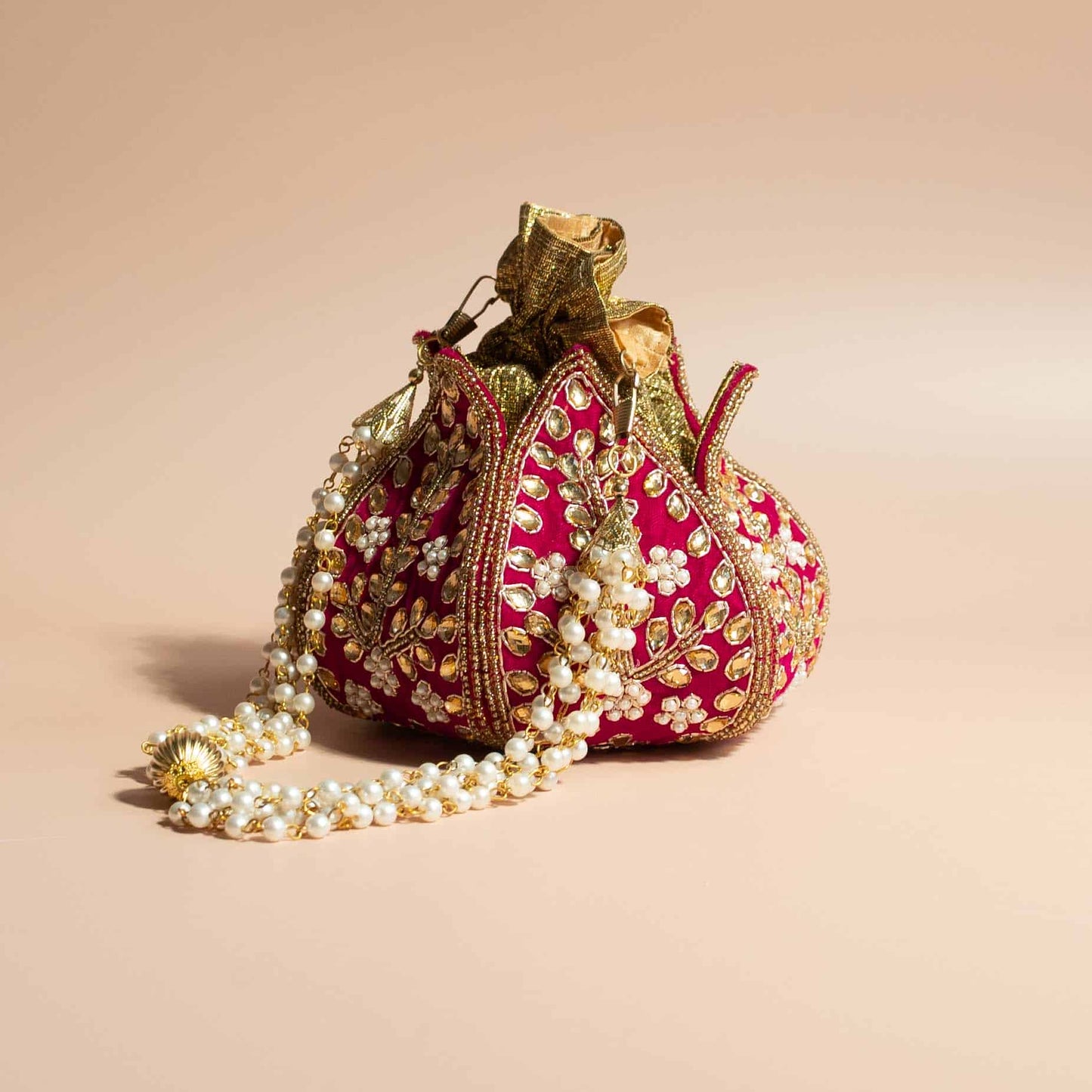 PRE-ORDER - Lotus Potli Bag (Hot Pink Velvet)