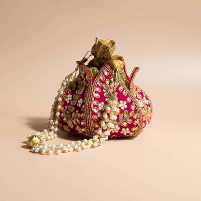 PRE-ORDER - Lotus Potli Bag (Hot Pink Velvet)
