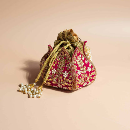 PRE-ORDER - Lotus Potli Bag (Hot Pink Velvet)