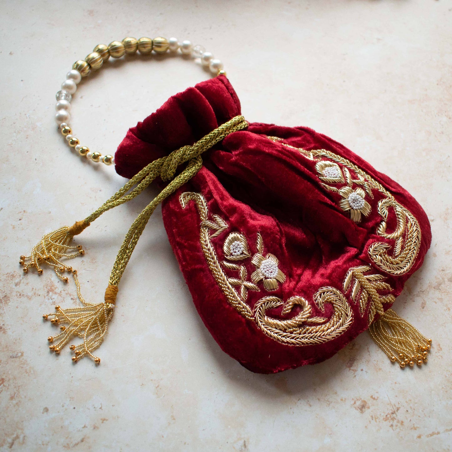 PRE-ORDER - JHANVI Potli Bag (Deep Red Velvet)