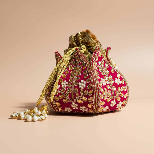 PRE-ORDER - Lotus Potli Bag (Hot Pink Velvet)