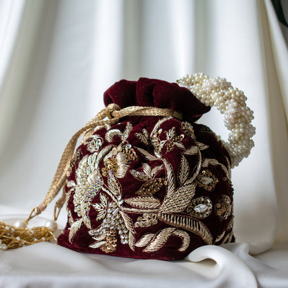 PRE-ORDER - Alisha Potli Bag (Deep Maroon Velvet)