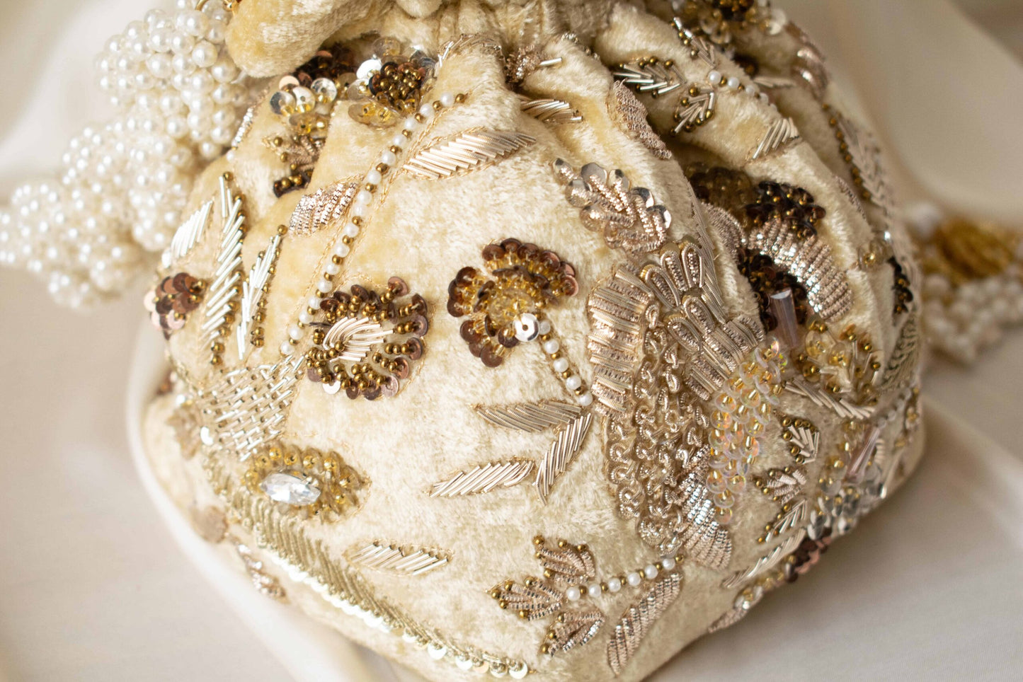 PRE-ORDER - Alisha Potli Bag (Golden Cream Velvet)