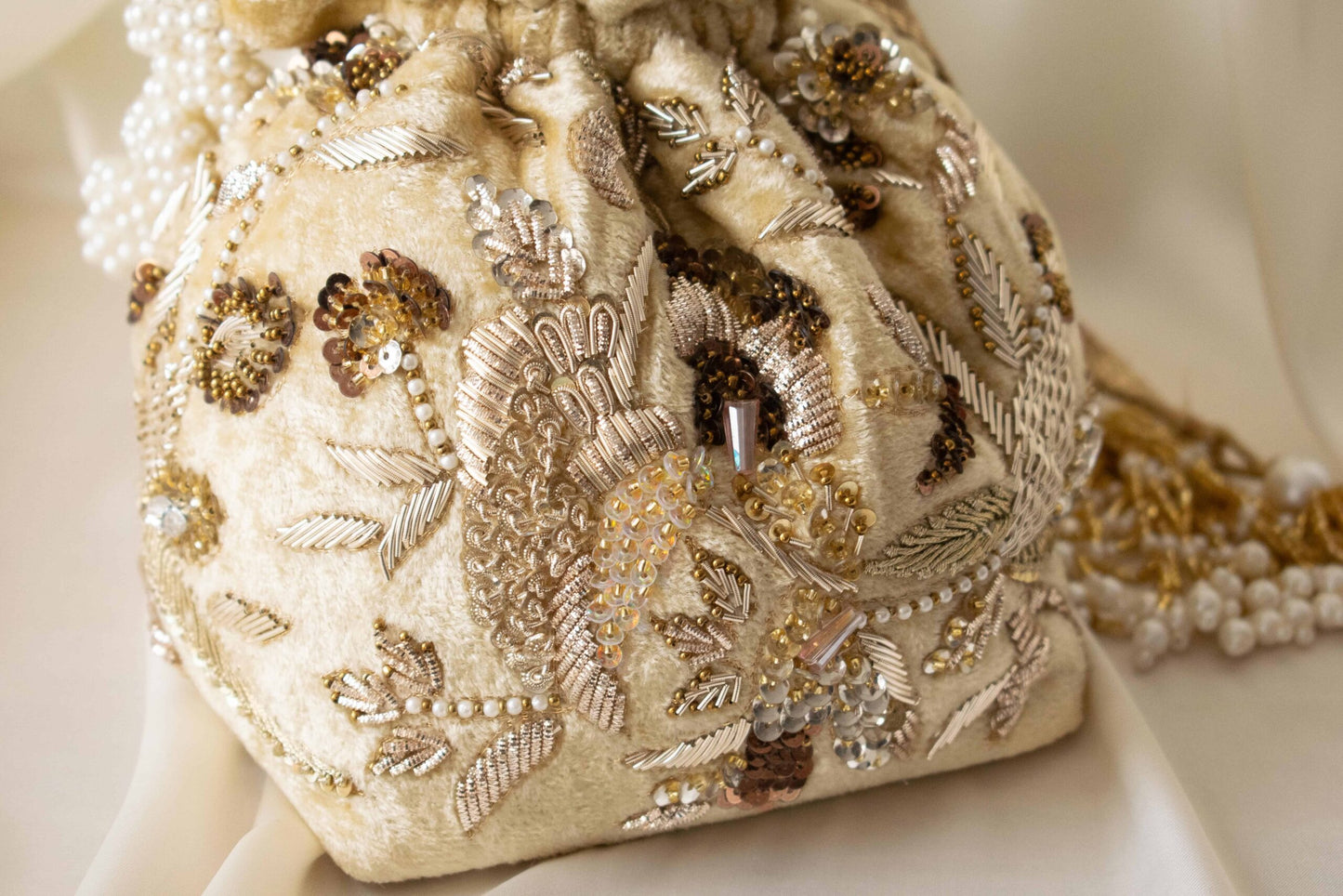 PRE-ORDER - Alisha Potli Bag (Golden Cream Velvet)