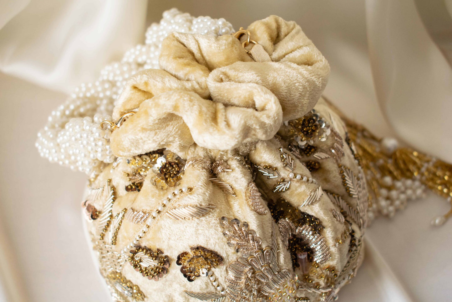 PRE-ORDER - Alisha Potli Bag (Golden Cream Velvet)