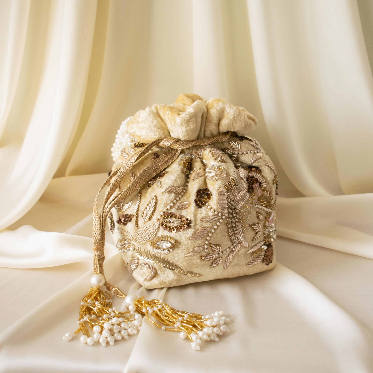PRE-ORDER - Alisha Potli Bag (Golden Cream Velvet)