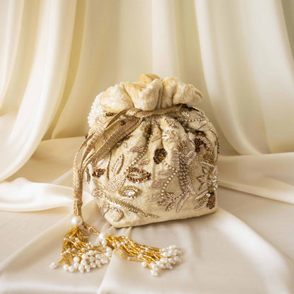 PRE-ORDER - Alisha Potli Bag (Golden Cream Velvet)