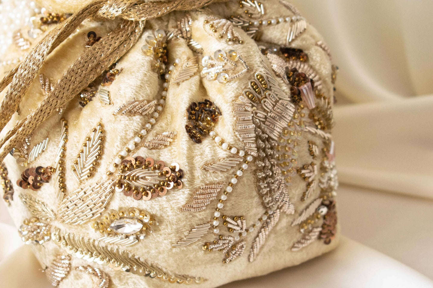PRE-ORDER - Alisha Potli Bag (Golden Cream Velvet)