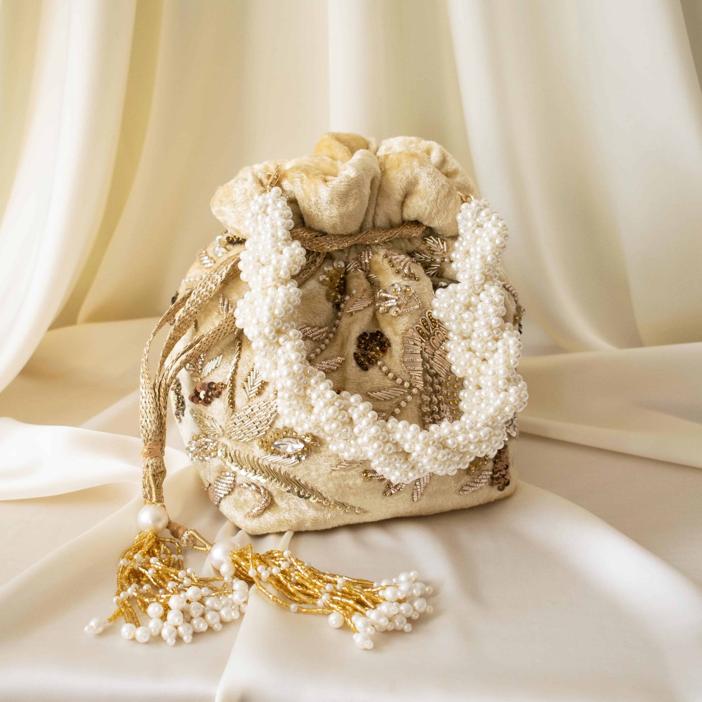 PRE-ORDER - Alisha Potli Bag (Golden Cream Velvet)