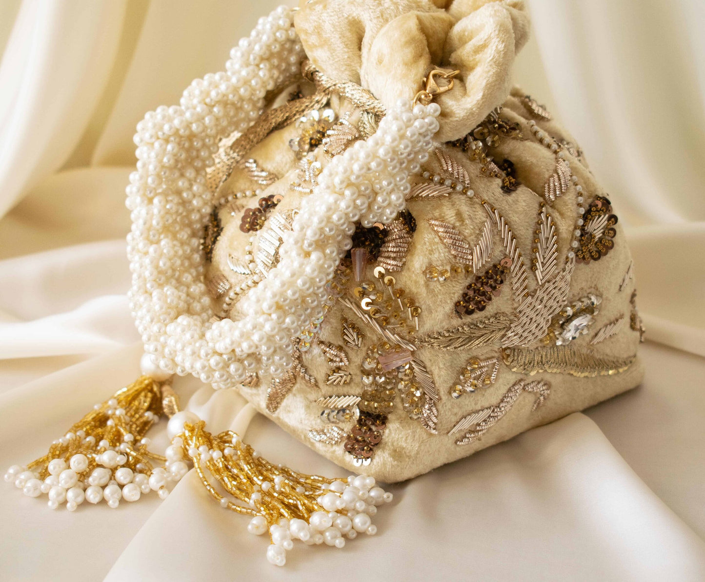 PRE-ORDER - Alisha Potli Bag (Golden Cream Velvet)