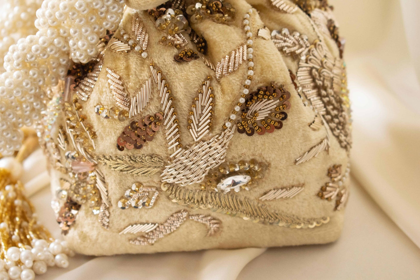 PRE-ORDER - Alisha Potli Bag (Golden Cream Velvet)