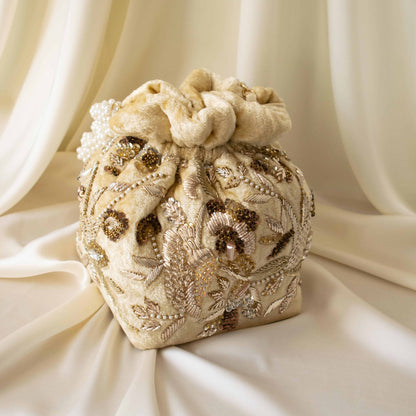 PRE-ORDER - Alisha Potli Bag (Golden Cream Velvet)