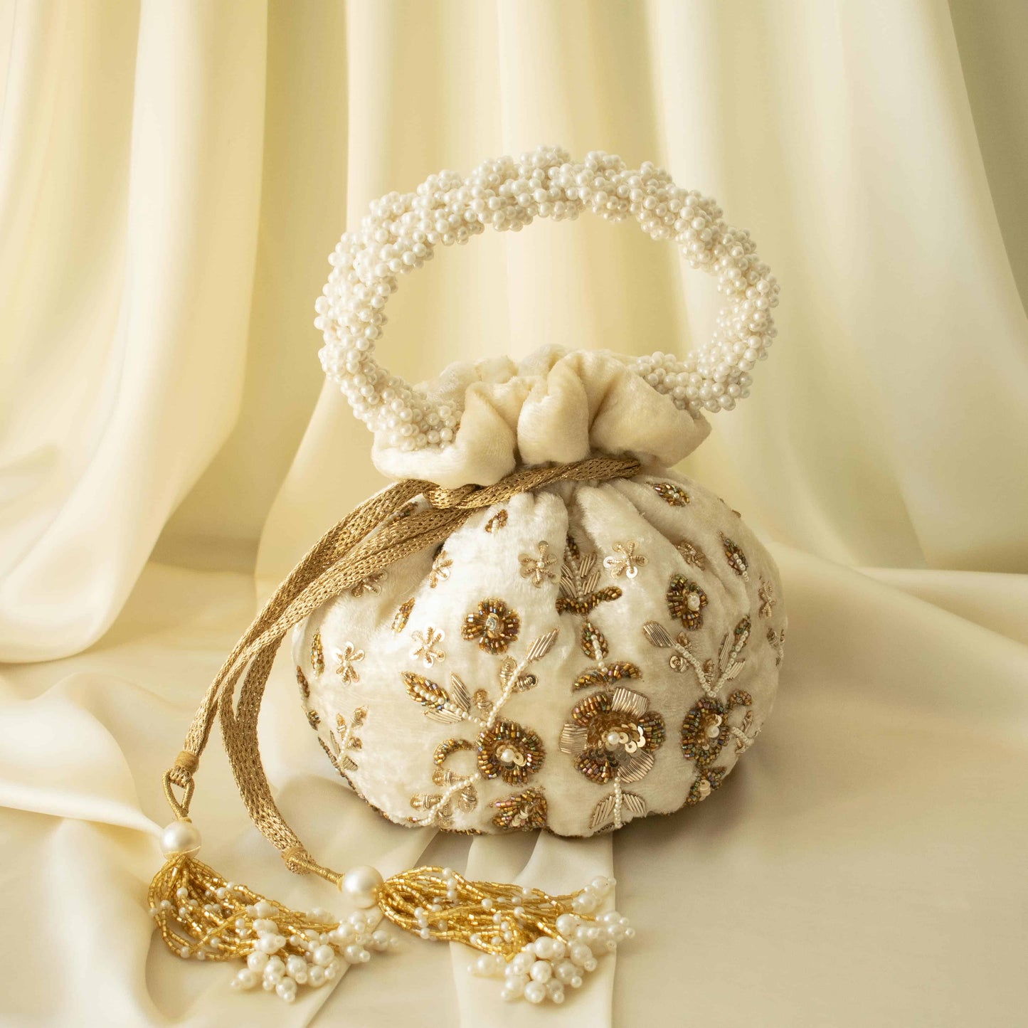 PRE-ORDER - Peony Potli Bag (Cream Velvet)