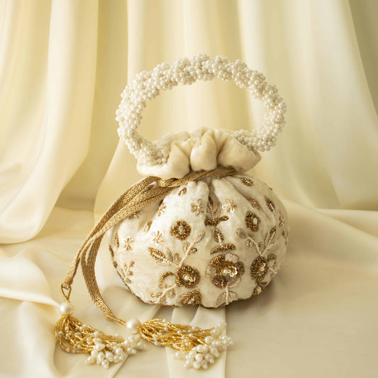 PRE-ORDER - Peony Potli Bag (Cream Velvet)