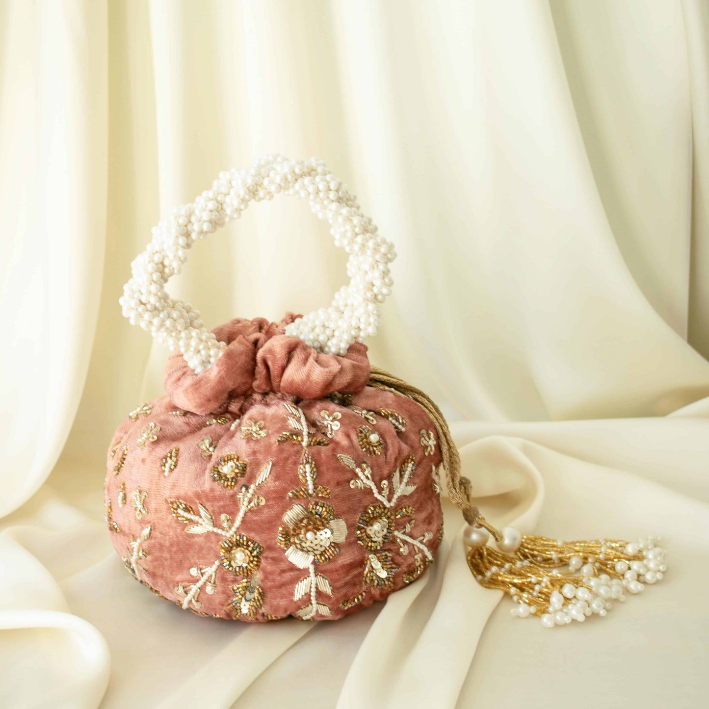 PRE-ORDER - Peony Potli Bag (Dusky Pink Velvet)