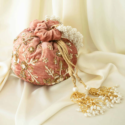 PRE-ORDER - Peony Potli Bag (Dusky Pink Velvet)