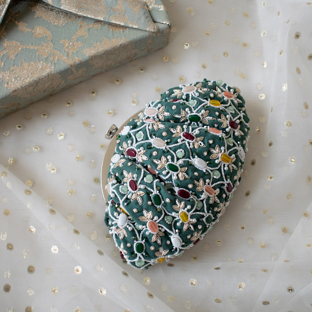 Alina - Sage Green Beaded Clutch