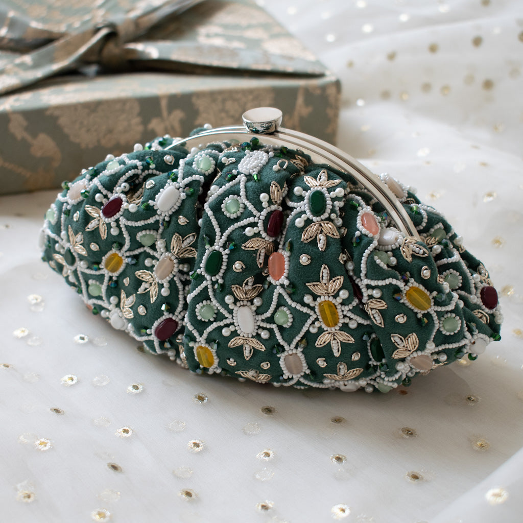 Alina - Sage Green Beaded Clutch