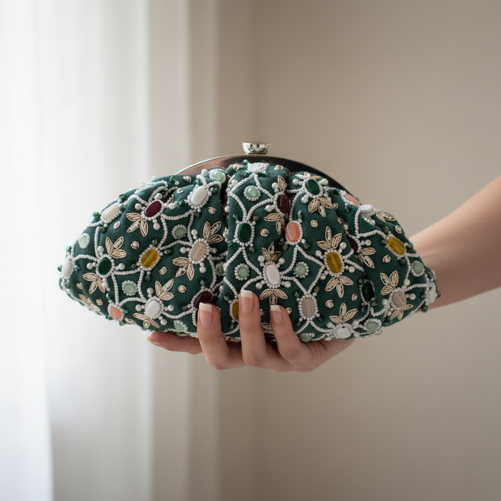 Embellished clutch held in hand