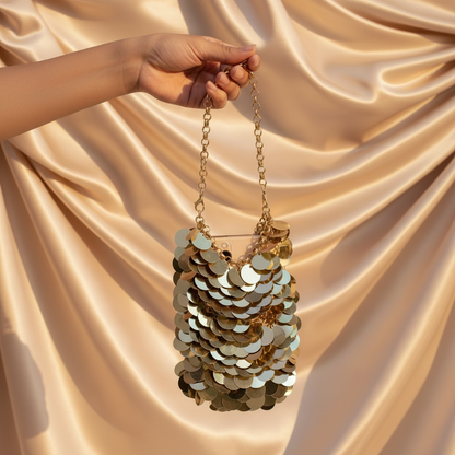 Amara Gold Sequin Clutch - Luxury editorial with champagne silk background