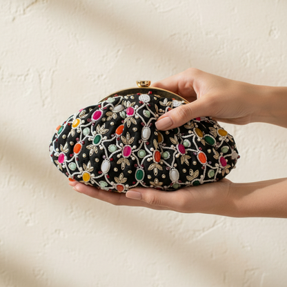 Luxury editorial photo of Alina Black Beaded Clutch