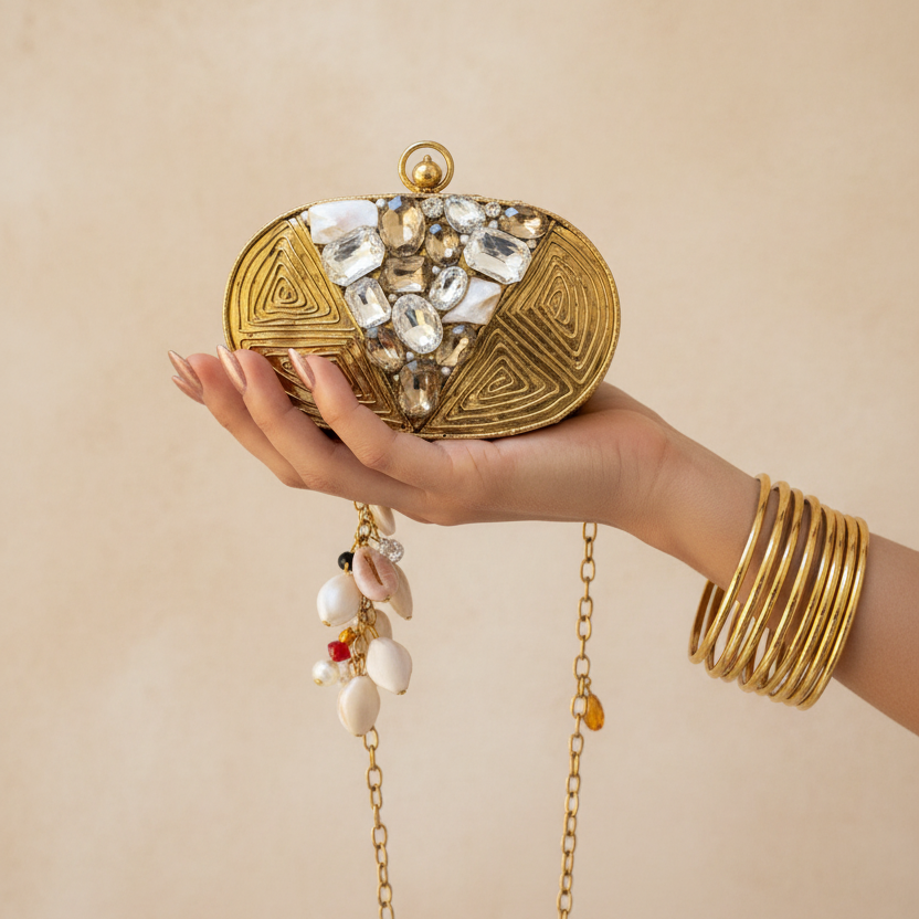 Siyana Mini Clutch - luxury editorial with gold bangles, hand holding clutch against limewash background