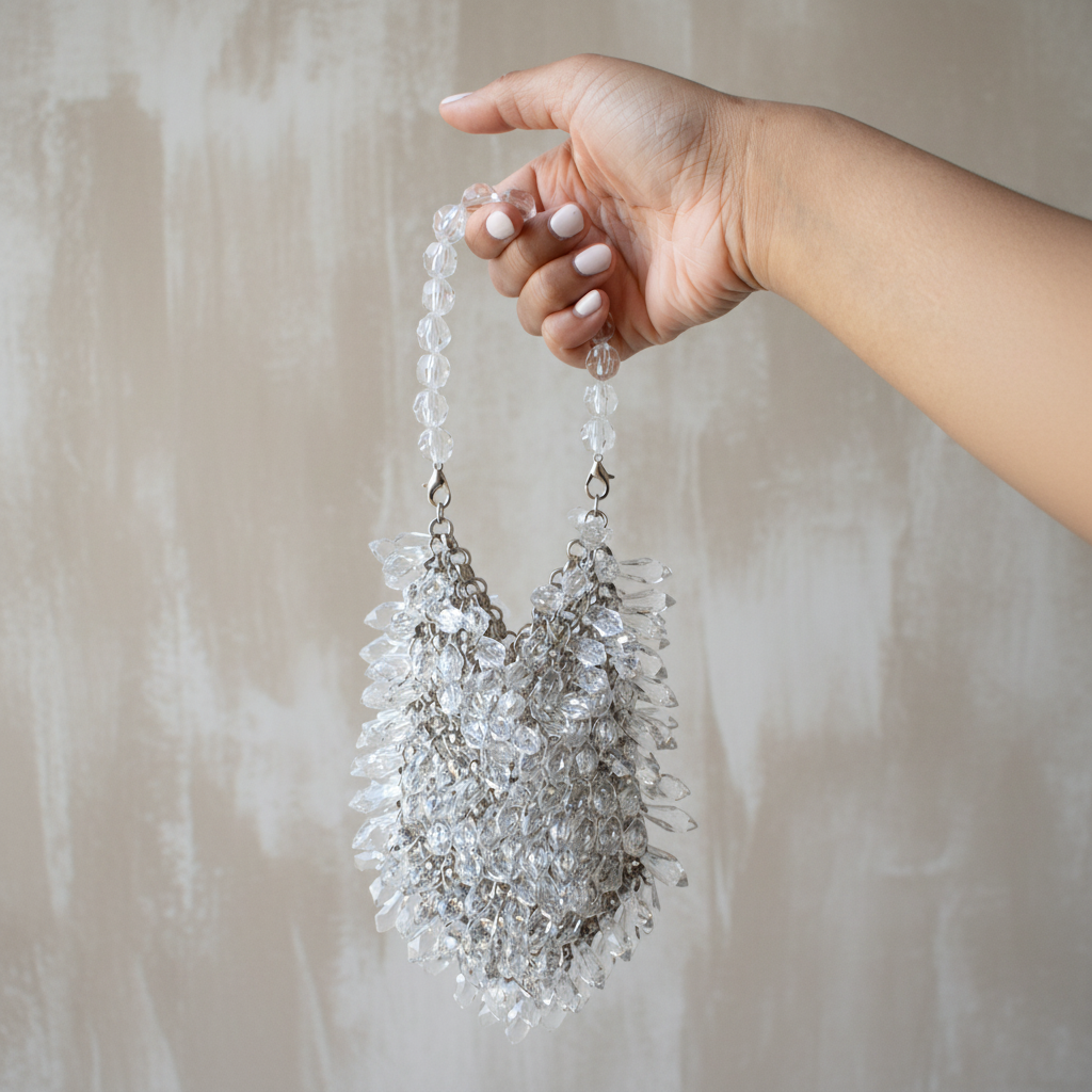 Crystal Cascade Mini Bag in clear and silver held by hand with long white nails