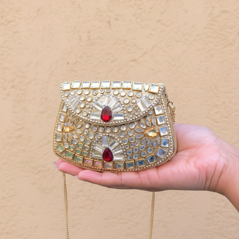 Ishika Mini Kundan Clutch held in hand with painted nails against limewash textured background