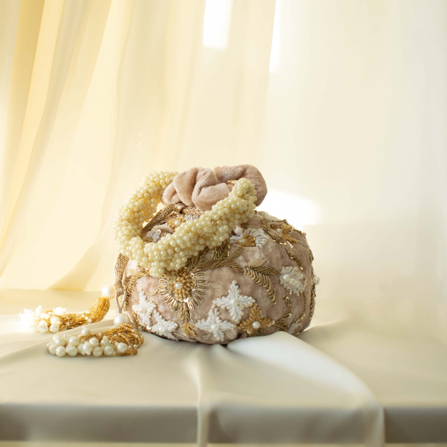 PRE-ORDER - Meena Potli Bag (Nude Pink Velvet)