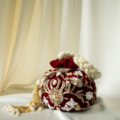 PRE-ORDER - Meena Potli Bag (Maroon Velvet)