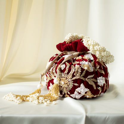 PRE-ORDER - Meena Potli Bag (Maroon Velvet)