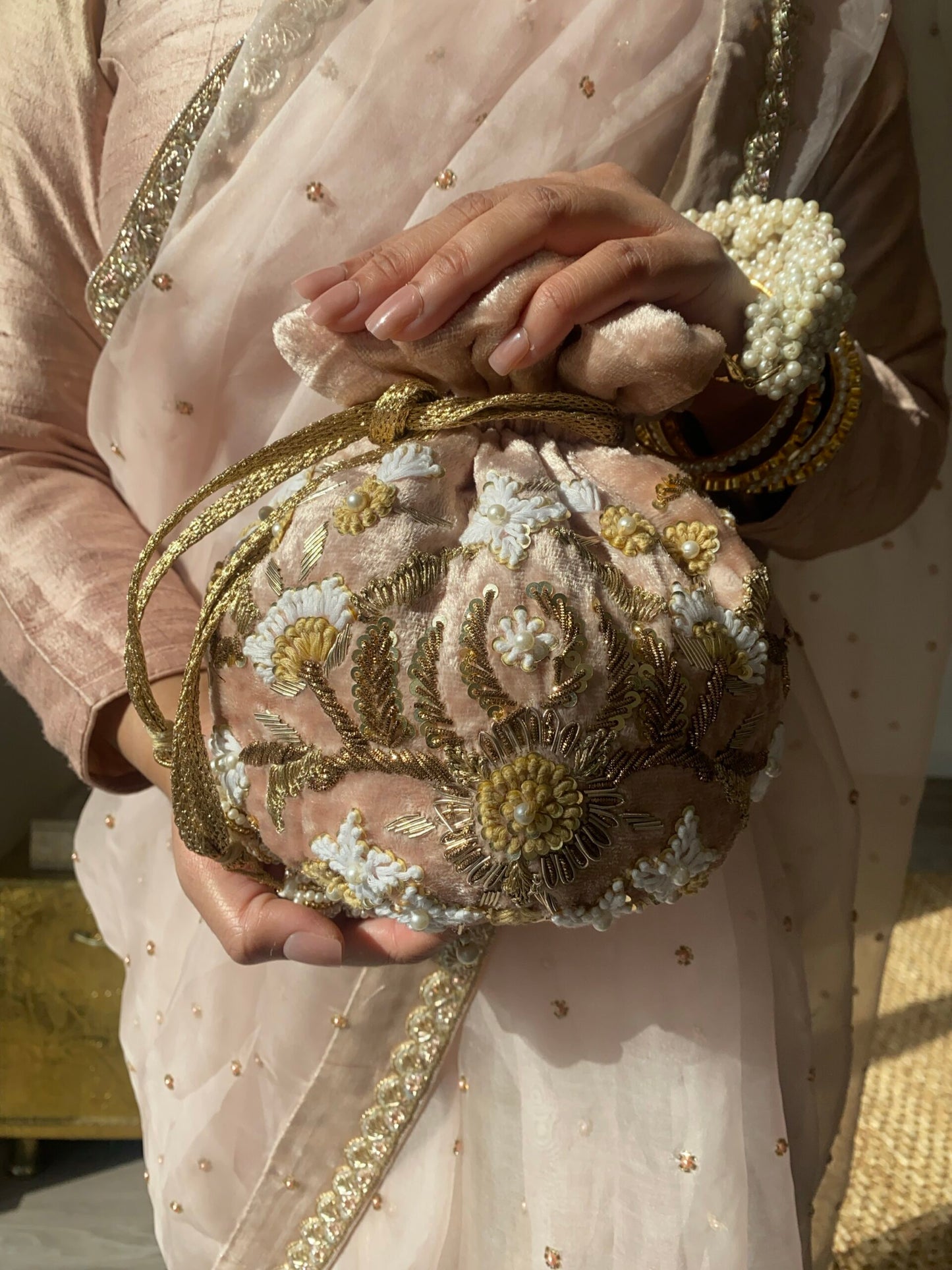 PRE-ORDER - Meena Potli Bag (Nude Pink Velvet)