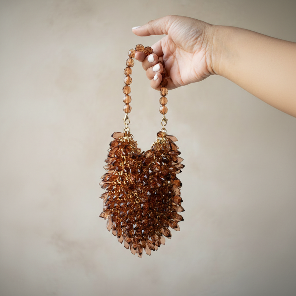 Square version of bronze beaded mini bag