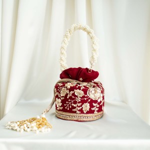 maroon velvet bridal potli bag, gold zardozi