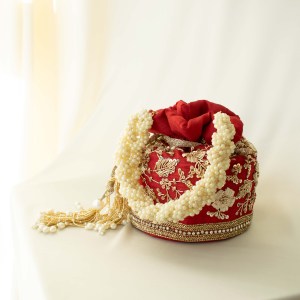 red silk with gold embroidery, indian bridal potli bag