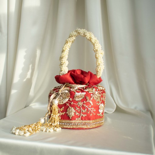 red silk with gold embroidery, indian bridal handbag