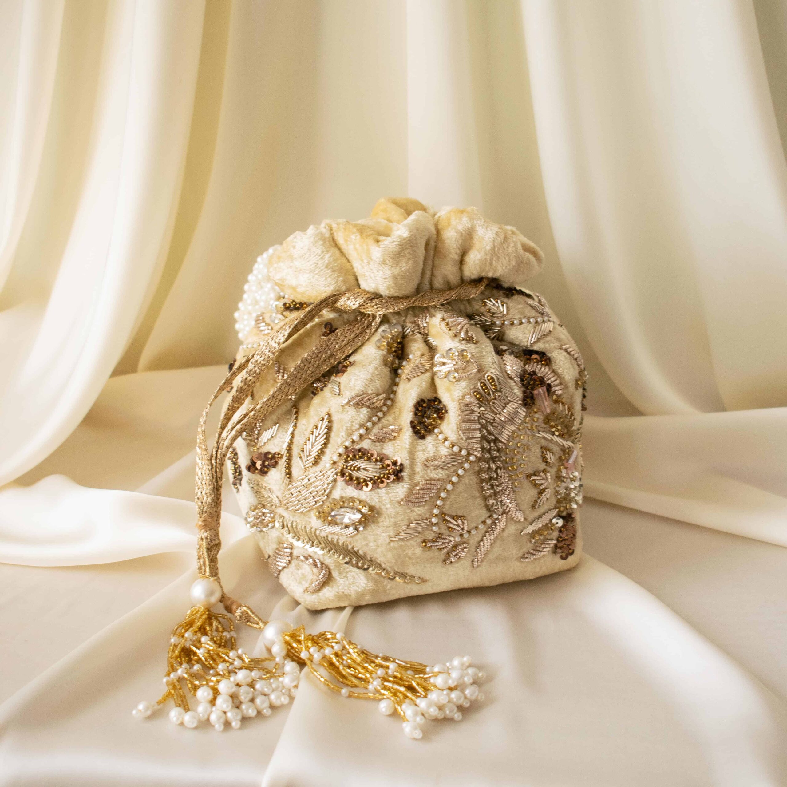 PRE-ORDER - Alisha Potli Bag (Golden Cream Velvet) - Image 9