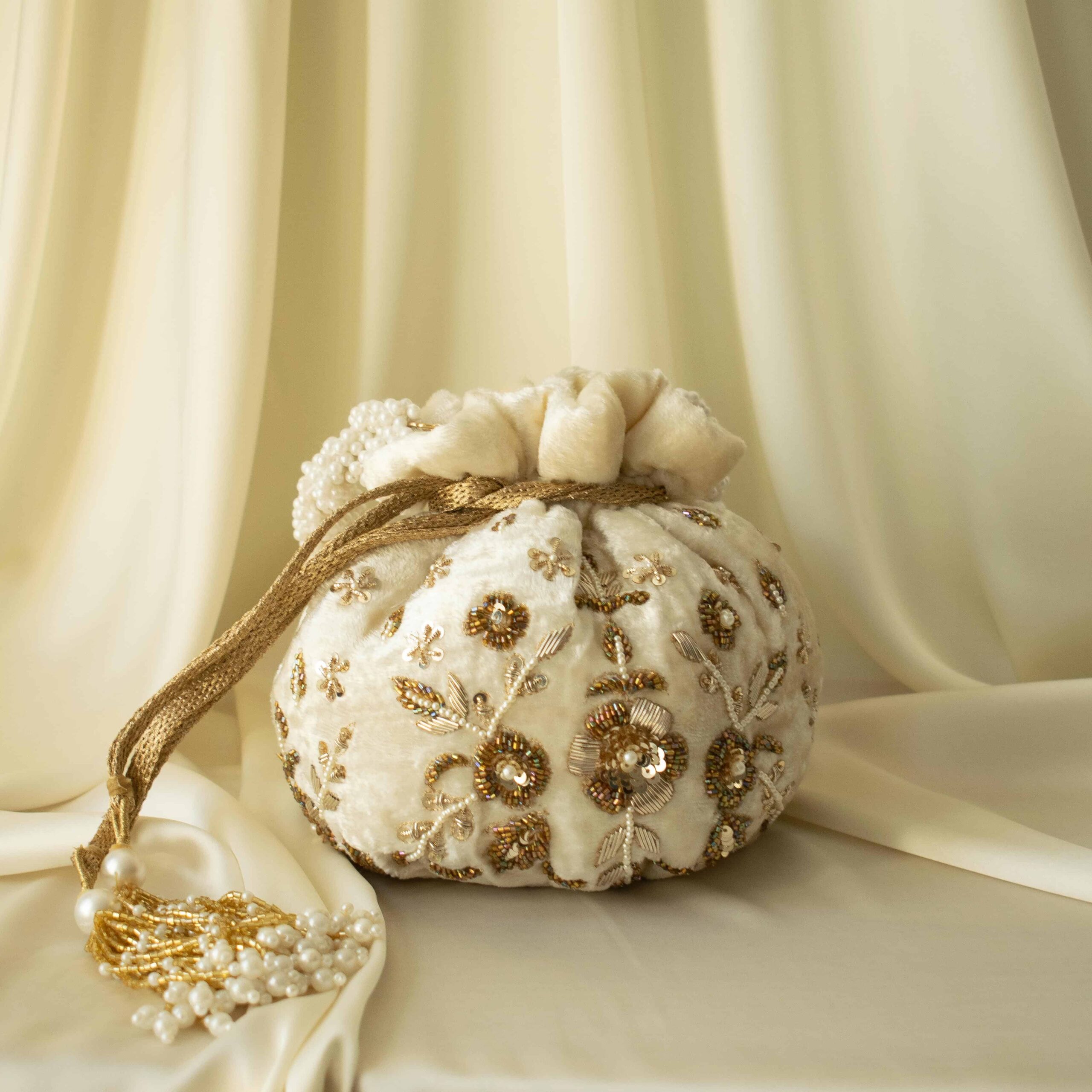 PRE-ORDER - Peony Potli Bag (Cream Velvet) - Image 2