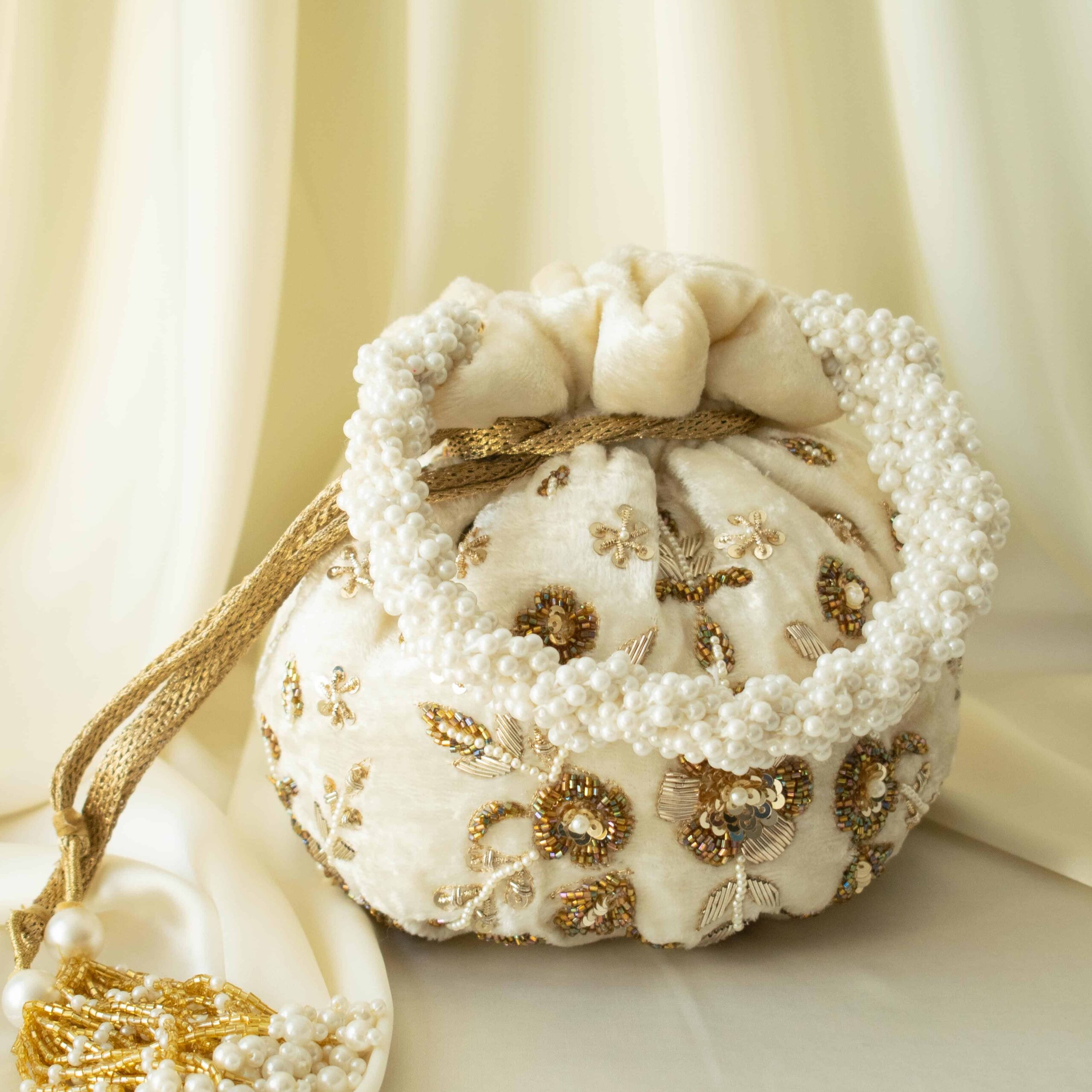 PRE-ORDER - Peony Potli Bag (Cream Velvet) - Image 3