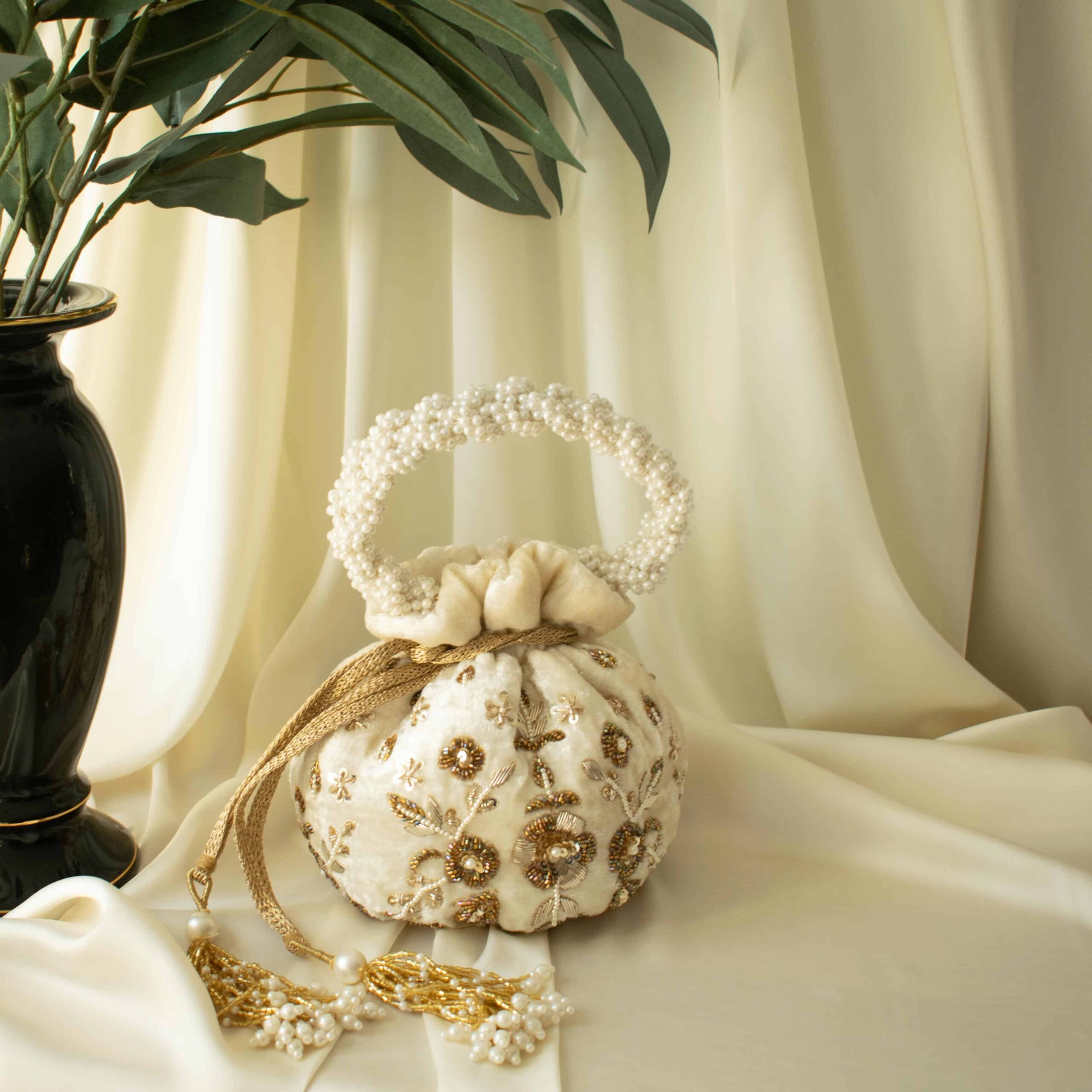PRE-ORDER - Peony Potli Bag (Cream Velvet) - Image 7