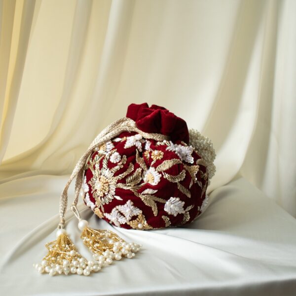 PRE-ORDER - Meena Potli Bag (Maroon Velvet) - Image 3